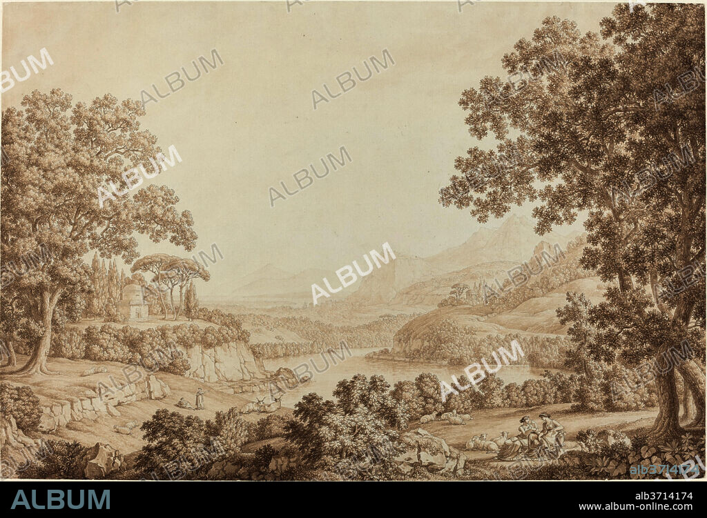 CHRISTOPH HEINRICH KNIEP. Arcadian Landscape with a Mausoleum. Dated: 1790s. Dimensions: overall: 38.6 x 56.8 cm (15 3/16 x 22 3/8 in.). Medium: pen and brown ink and brown wash over graphite on laid paper.