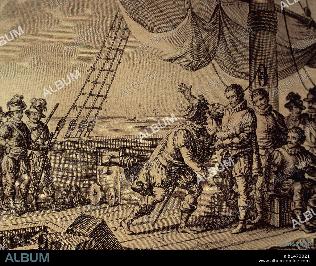 DESCUBRIMIENTO DE AMERICA. SIGLO XV. VIAJES COLOMBINOS. TERCER VIAJE. Colón y sus hermanos Diego y Bartolomé son enviados a España tras ser apresados en La Española (Santo Domingo) por el gobernador de las Indias Francisco de Bobadilla en 1500. Grabado de 1807.