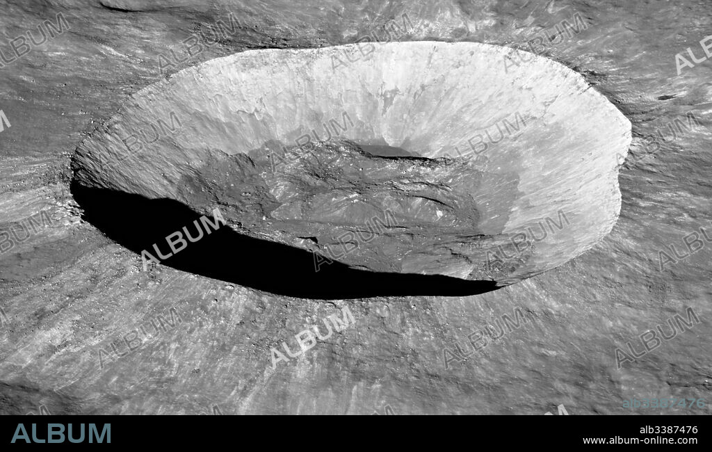 Angled view of the Giordano Bruno, Lunar crater, 2016. The height and sharpness of the rim are evident, as well as the crater floor's rolling hills and rugged nature.