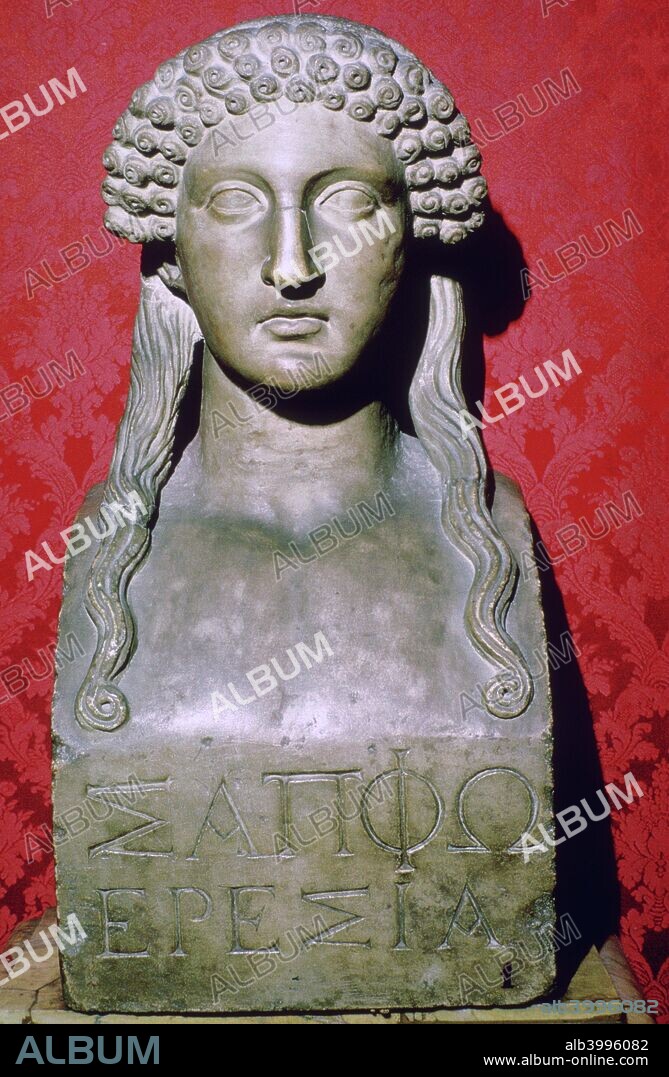 Bust of Sappho (630/12-570 BC), the Greek lyric poetress, from the Capitoline Museum's collection in Rome, 6th century BC.