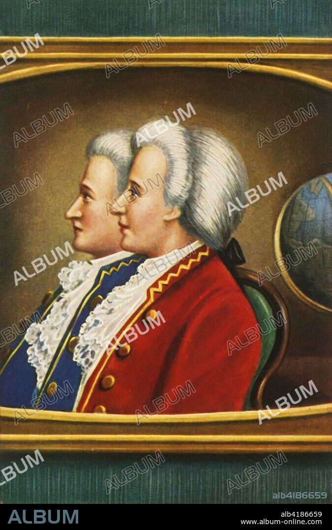 'Jaques Etienne Montgolfier und Joseph Michael Montgolfier', (1933). Portrait of French inventor brothers Jacques Étienne Montgolfier (1745-1799) and Joseph Michel Montgolfier (1740-1810). The Montgolfiers are best known as pioneers of the hot air balloon. They also invented a process to manufacture transparent paper. After a miniature of 1783 by Louis Nicolas van Blarenberghe. From "Gestalten Der Weltgeschichte", a book of cigarette-card portrait miniatures of figures in world history from the last four hundred years. [Germany, 1933].