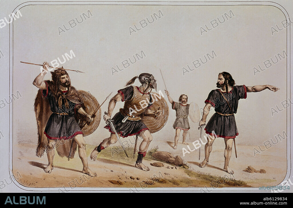 JOSE RUBIO DE VILLEGAS. GUERREROS PRIMITIVOS (ASTURES Y CELTIBEROS) - CROMOLITOGRAFIA DEL SIGLO XIX.