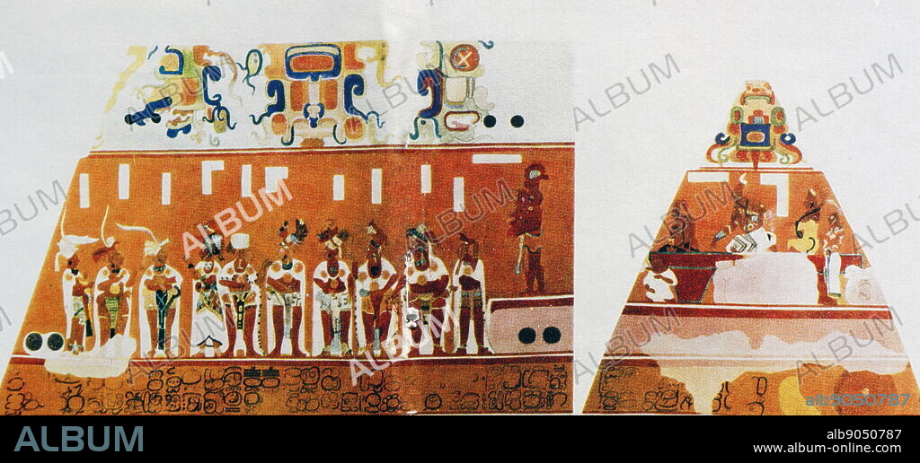 Temple murals painted on the walls at Bonampak, an ancient Maya archaeological site in the Mexican state of Chiapas. known for the murals located within the three roomed Structure 1 (The Temple of the Murals). The construction of the site's structures dates to the Late Classic period (c. AD 580 to 800). The Bonampak murals are noteworthy for being among the best-preserved Maya murals.