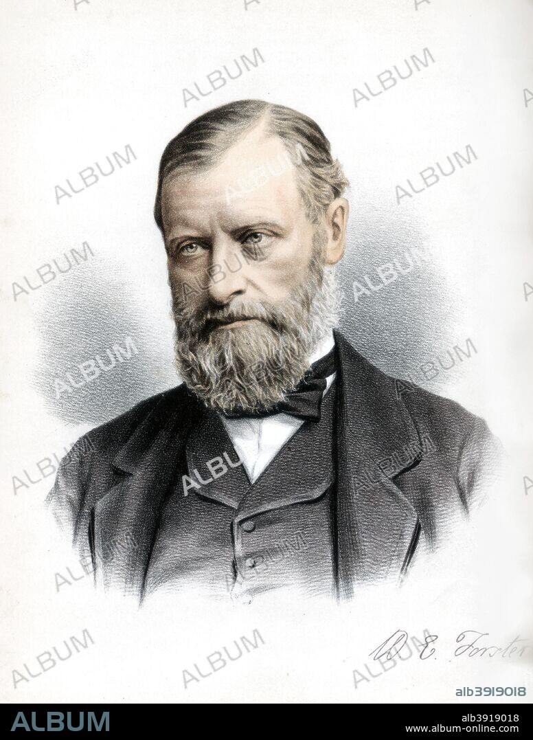 William Edward Forster, British Liberal politician, c1890. Forster (1818-1886) was a Quaker and Liberal member of parliament. He helped his father distribute relief to the famine-stricken population in Ireland in 1846, and Ireland was always one of his main concerns. He served  as Under-Secretary of State for the Colonies and as Vice-president of the Council, with responsibility for education policy. Although strongly supported to become leader of the Liberal party in 1875, Forster decined the nomination. In 1880 Gladstone appointed him Chief Secretary for Ireland. A lithograph from The Modern Portrait Gallery, Cassell, Petter and Galpin, London, Paris and New York, c1890.