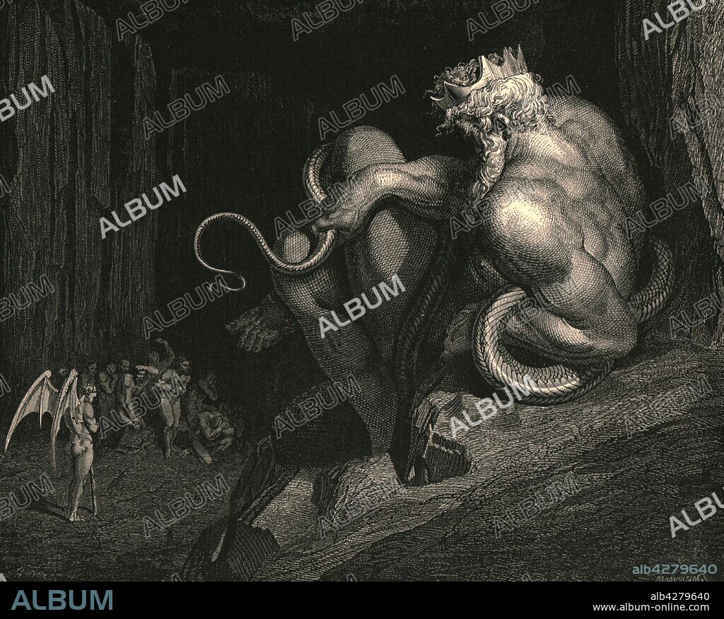 PAUL GUSTAVE DORÉ. 'There Minos stands, grinning with ghastly feature: he, of all who enter, strict examining the crimes, gives sentence, and dismisses them beneath', c1890. Illustration from "The Vision of Hell" (Inferno), the first part of "The Divine Comedy" (La divina commedia) by Dante Alighieri. This long, narrative poem, written in Italian c1308-1321, tracing Dante's imaginary journey from Hell, through Purgatory and finally to Heaven and a beatific vision of God, has been published numerous times. This edition, published late 19th century, is illustrated by Gustave Dore. [Cassell Petter & Galpin, c1890].