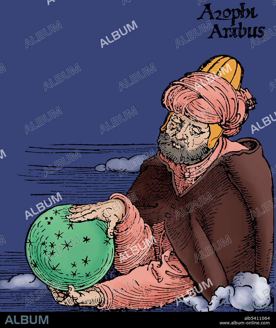 Abd al-Rahman al-Sufi (December 7, 903, May 25, 986) was a Persian astronomer. The lunar crater Azophi and the minor planet 12621 Alsufi are named after him. Al-Sufi published his famous Book of Fixed Stars in 964, describing much of his work, both in textual descriptions and pictures. The work was highly influential and survives in numerous manuscripts and translations. Al-Biruni reports that his work on the ecliptic was carried out in Shiraz. He lived at the Buyid court in Isfahan. Woodcut by Albrecht Durer from his 1515 celestial star map.
