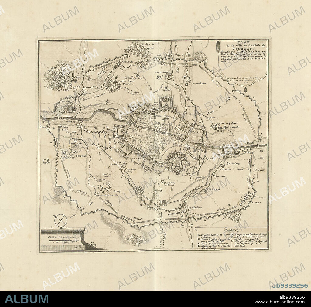 Siege of Tournai, 1709, Plan de la Ville et Citadelle de Tournay, Investie par les Alliés le 29 Juin 1709 Dont la Trenchée ayant esté ouvete la nuit du 7 a 8 de Juillet, on tocha la Chamade pour la Ville le 28. du même mois (title on object), Map of the Siege of Tournai. The city besieged by the Allies from 29 June and taken on 2 September 1709. Part of a bundled collection of plans of battles and cities renowned in the War of the Spanish Succession., print maker: Jacobus Harrewijn (attributed to), publisher: Eugene Henry Fricx (mentioned on object), Brussels, 1709, paper, etching, engraving, height 305 mm × width 335 mm.