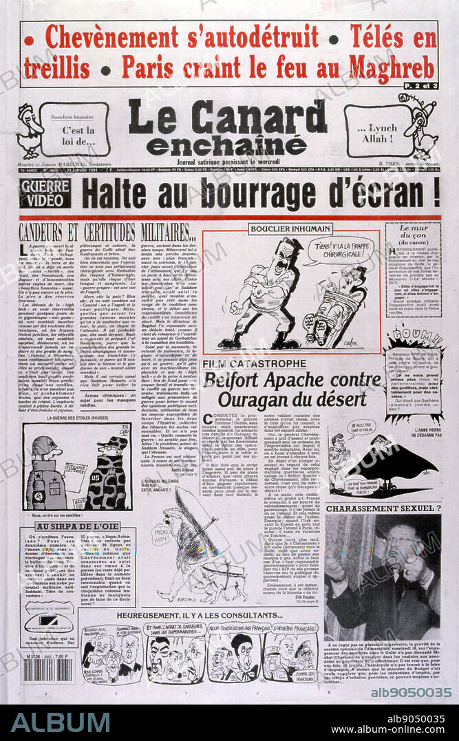 satirical cartoon in a French newspaper, depicting Saddam Hussein the Iraqi leader interrogating a captured US pilot during the Gulf War (2 August 1990 28 February 1991). codenamed Operation Desert Shield and Operation Desert Storm, the war waged by coalition forces from 35 nations led by the United States against Iraq in response to Iraq's invasion and annexation of Kuwait. the pictures show French filed commanders and the French War cabinet under President Mitterrand.