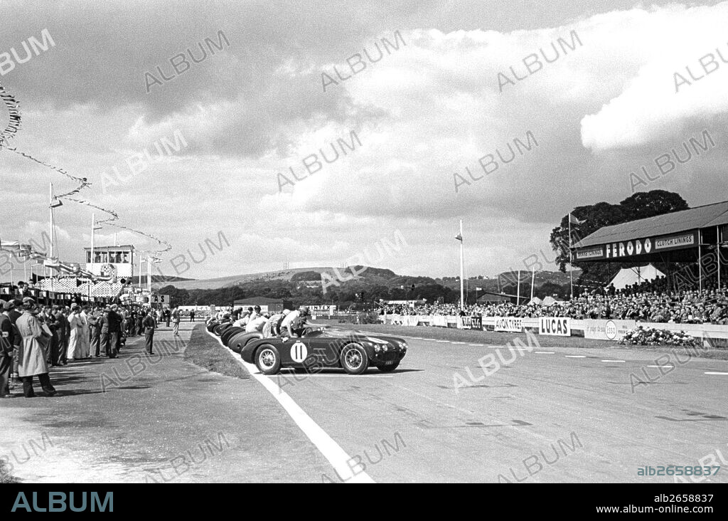 No11 George Abecassis' HWM Jaguar at head of start echelon for Le Mans style start. Goodwood 9 Hours England, 22 Aug 1953.