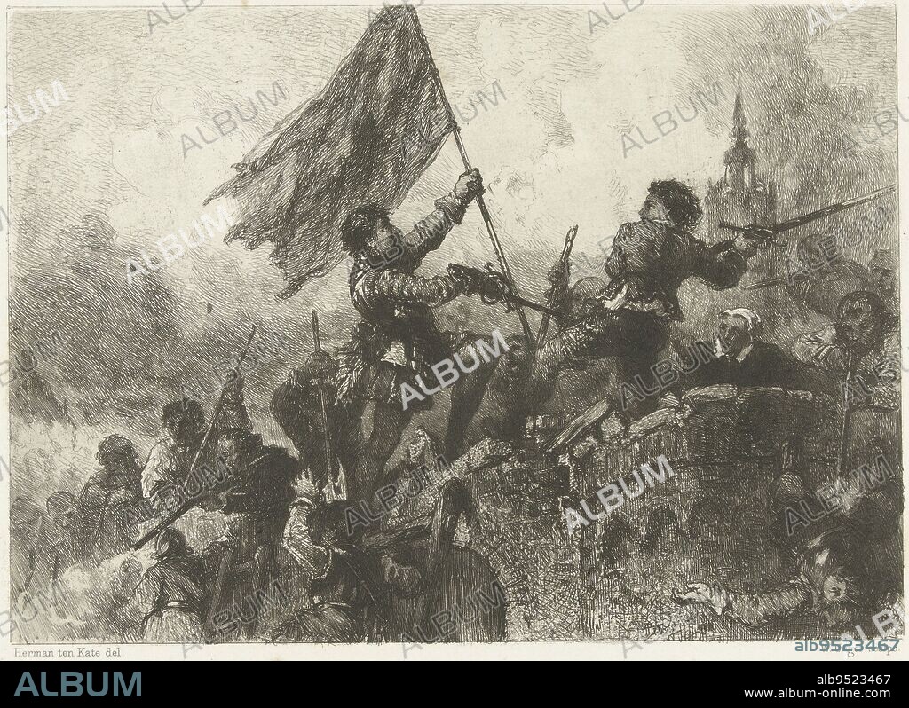 Kitman captures Spanish banner, 1573, scene from the siege of Alkmaar, 1573. Hand to hand combat on the walls of the city. Kitman captures Spanish banner, 1573 Siege of Alkmaar , print maker: William Unger, (mentioned on object), intermediary draughtsman: Herman Frederik Carel ten Kate, (mentioned on object), printer: Georg Friedrich Felsing, (mentioned on object), print maker: Germany, printer: München, 1871 - 1873, paper, etching, h 173 mm × w 218 mm.