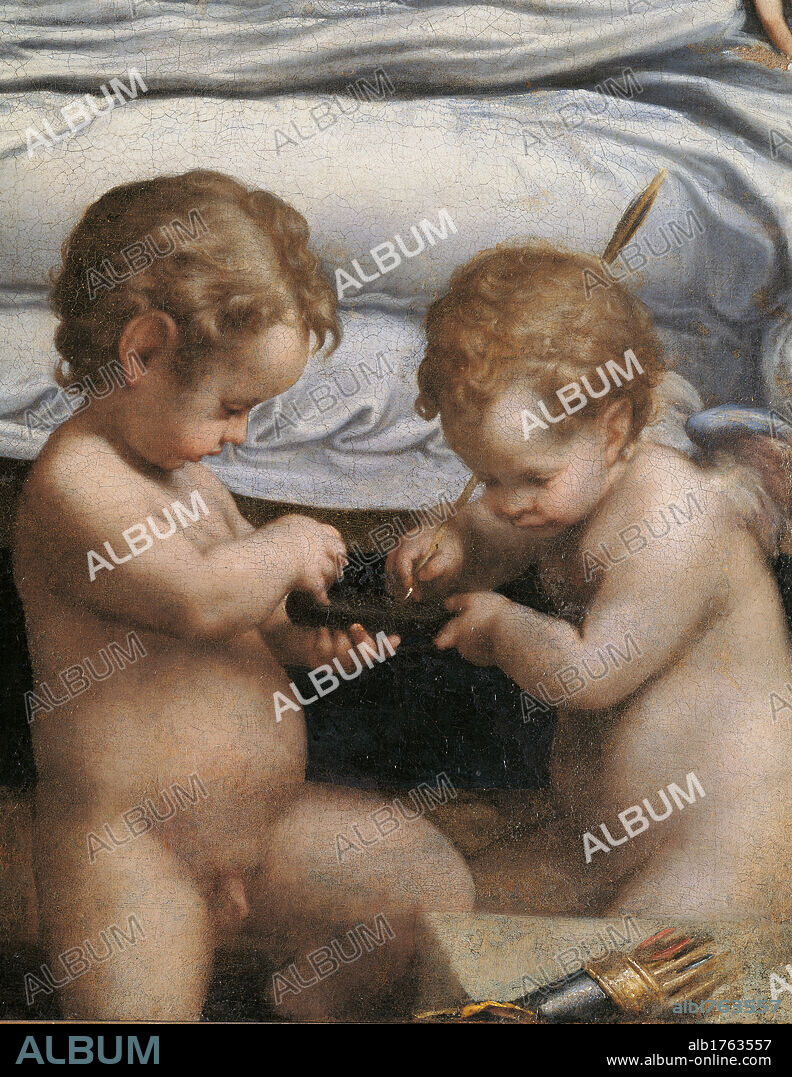 Jupiter and Dana, by Antonio Allegri known as Correggio, 1531-1532 about, 16th Century, oil on canvas, cm 161 x 193. Italy, Lazio, Rome, Borghese Gallery. Detail. Putto Eros Cupid arrow quiver bed sheet mattress. Authorization required for non editorial use.