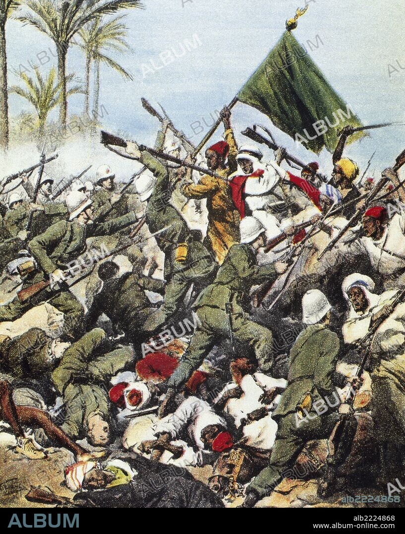 IMPERIALISMO ITALIANO. LIBIA (AFRICA). En 1911 Trípoli fue ocupada por Italia, situación que se prolongó hasta 1943. "TROPAS TURCAS Y ARABES ATACANDO POR SORPRESA LAS POSICIONES ITALIANAS DE LOS ALREDEDORES DE TRIPOLI". "La Domenica del Corriere".
