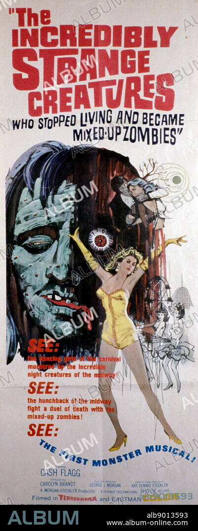 Film poster for 'The Incredibly Strange Creatures Who Stopped Living and Became Mixed-Up Zombies' a 1964 American monster movie written and directed by Ray Dennis Steckler. Upon release, the film received negative reviews, and is regarded by some critics as being one of the worst movies ever made.