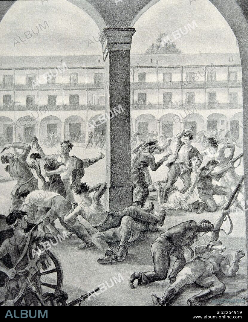 GUERRA CIVIL ESPAÑOLA 1936 - 1939. " MATANZA EN EL CUARTEL DE LA MONTAÑA DE MADRID ". DIBUJO DE JOAQUIN VALVERDE ,PUBLICADO EN LA HISTORIA DE LA CRUZADA ESPAÑOLA.
