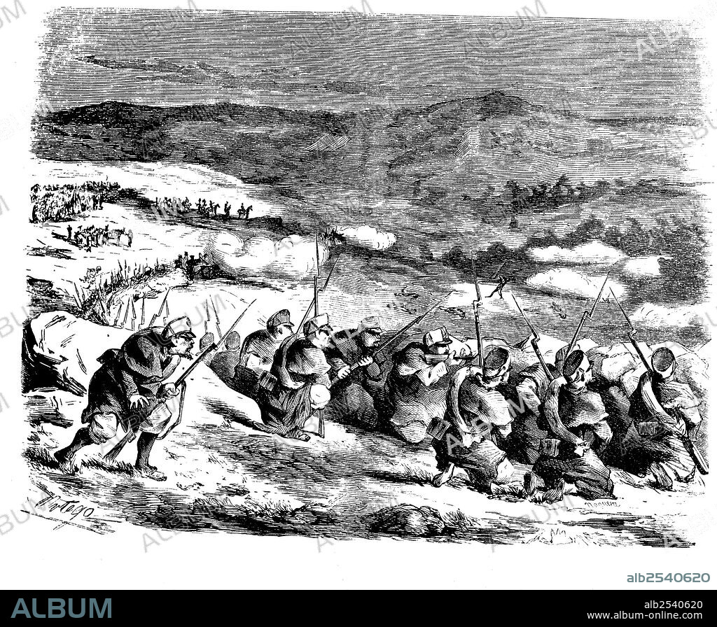 Guerra de África. Año 1860. Soldados españoles en combate. Dibujo de Ortego. Grabado de 1860.