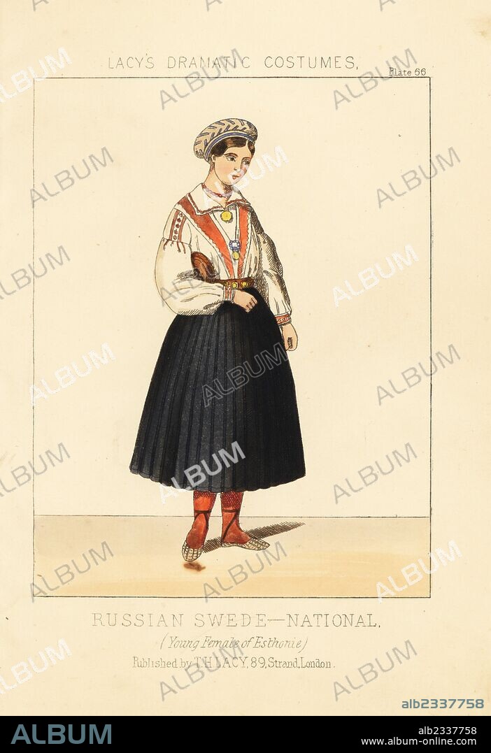 Young woman of Estonia, Russian Swede national costume, 19th century. Handcoloured lithograph from Thomas Hailes Lacy's "Female Costumes Historical, National and Dramatic in 200 Plates," London, 1865. Lacy (1809-1873) was a British actor, playwright, theatrical manager and publisher.