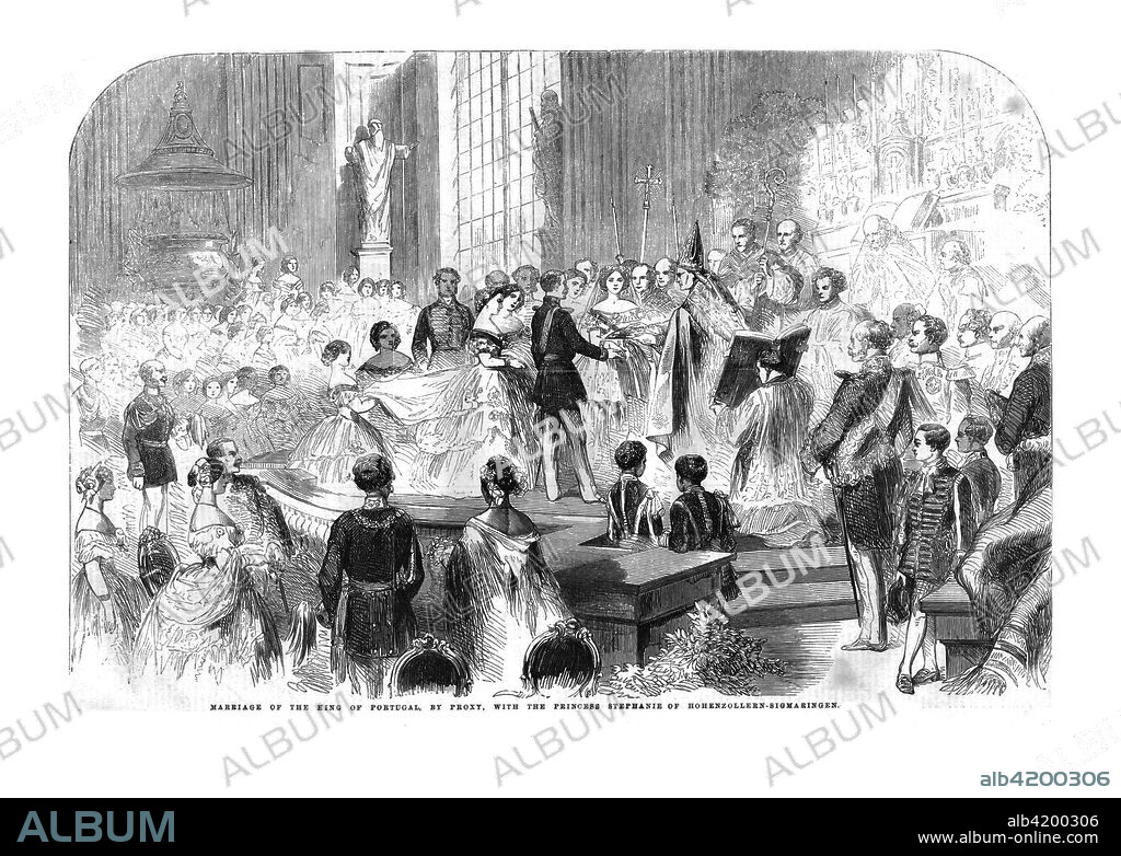 'Marriage of the King of Portugal, by Proxy, with the Princess Stephanie of Hohenzollern-Sigmaringen', 29 April 1858. Princess Stephanie (1837-1859) married King Peter V of Portugal (1837-1861) by proxy in Berlin, Germany, her eldest brother Leopold standing in for the groom. She died of diptheria a year later in Lisbon, at the age of 22. From the Illustrated London News, 15 May 1858.