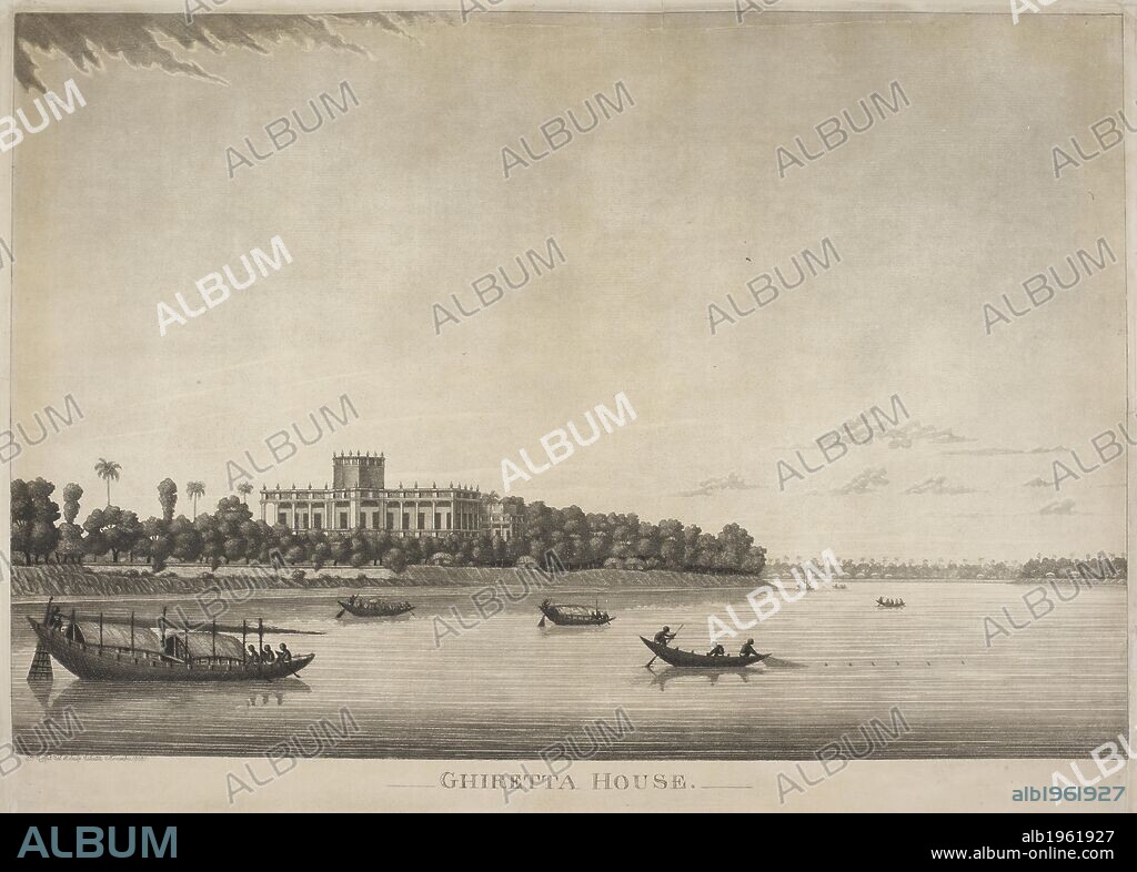 Ghiretta House. Engraving of the buildings on the waterfront in Calcutta India. . Calcutta. 'Ghiretta House'. Drawn and engraved by James Moffat, published Calcutta, 1800. Source: P2965.