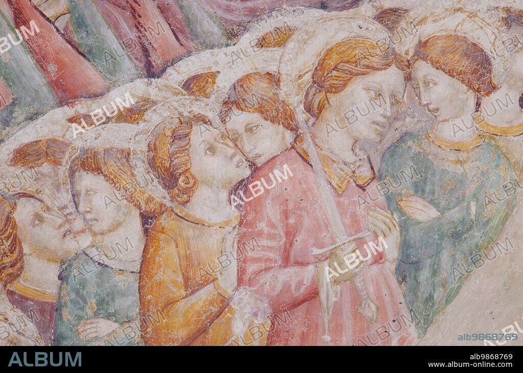 Falconara Marittima, Castelferretti locality (Italy, Marche - province of Ancona), church of Santa Maria della Misericordia. Back wall, Madonna della Misericordia (detail), frescoes mid-15th century (1450-55), Master of Castelferretti (Giambono di Corrado da Ragusa?).