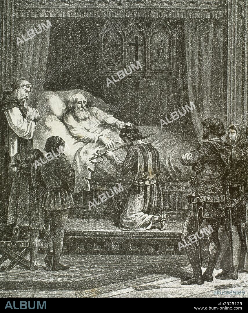 James I the Conqueror (1208-1276). King of Aragon. Last moments of James I. Ceremony of delivery of his sword to his son Dom Peter. Engraving in History of Spain, 19th century.