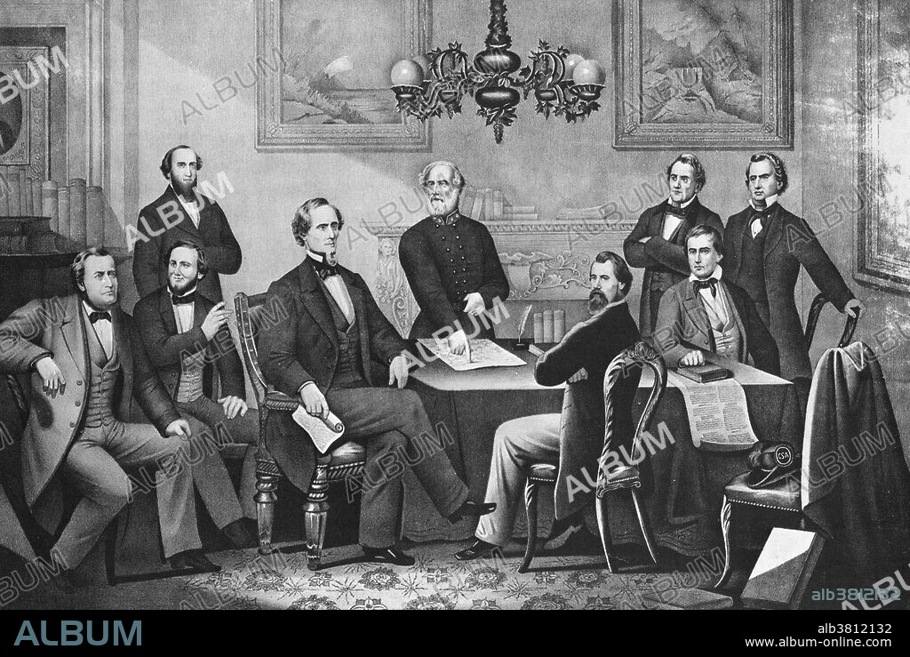 President Jefferson Davis and cabinet of the Confederate States of America, and Confederate general Robert E. Lee, shortly after the beginning of the American Civil War (1861-1865). Depicted are, from left to right: Stephen Mallory, secretary of the navy; Judah P. Benjamin, attorney general; Leroy Pope Walker, secretary of war; President Jefferson Davis; General Robert E. Lee; John Regan, postmaster; Christopher Memminger, secretary of the treasury; Vice President Alexander Stephens; and Robert Toombs, secretary of state. This print was originally published in New York shortly after the end of the war, but does not include any of the replacement appointments made during the course of the fighting.