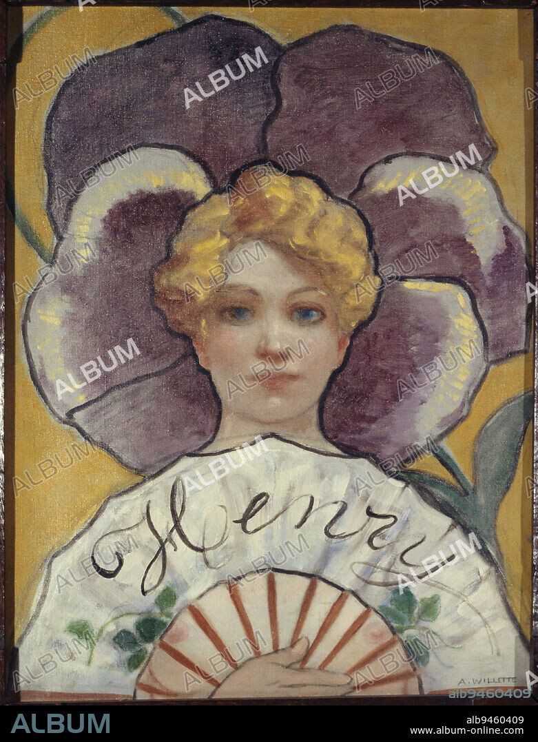 'À la Pensée'. Sign of the house Henry, formerly rue du Faubourg Saint-Honoré, Willette, Adolphe Léon, Painter, About 1900, Painting, Sign, Height: 61 cm, Width: 46.5 cm, Dimensions - Frame:, Height: 75 cm, Width: 60.5 cm, Thickness: 3.5 cm.