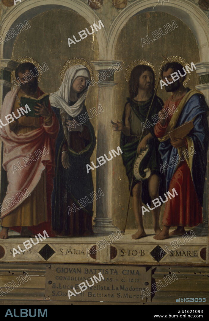 GIOVANNI CIMA DA CONEGLIANO. St. Luke, Madonna, John the Baptist and St. Mark by Giovanni Battista Cima da Conegliano, oil on burlap, ca. 1459-1517, Italy, Milan, Pinacoteca di Brera.