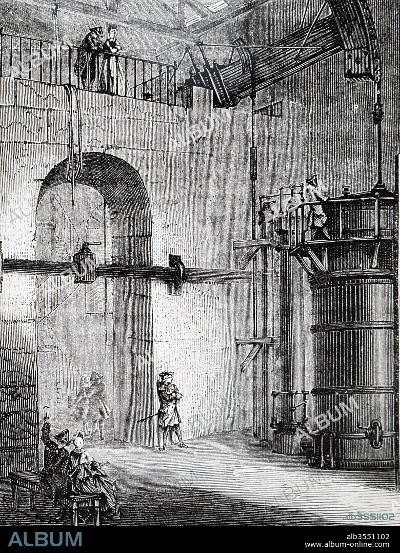 Engraving depicting the steam powered pump at Chaillot, Paris, built by the Perier brothers, circa 1775. Dated 19th century.