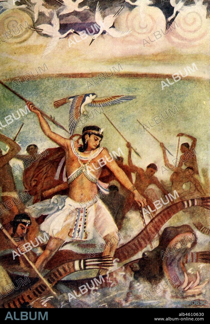 EVELYN PAUL. 'Horus in Battle', 1915. In Ancient Egyptian mythology, Horus battles with Seth to avenge the death of his father. The battle of Horus and Seth symbolised the battle of light and darkness. From "The Myths of Ancient Egypt", by Lewis Spence. [George G. Harrap & Co. Ltd., London, 1915].