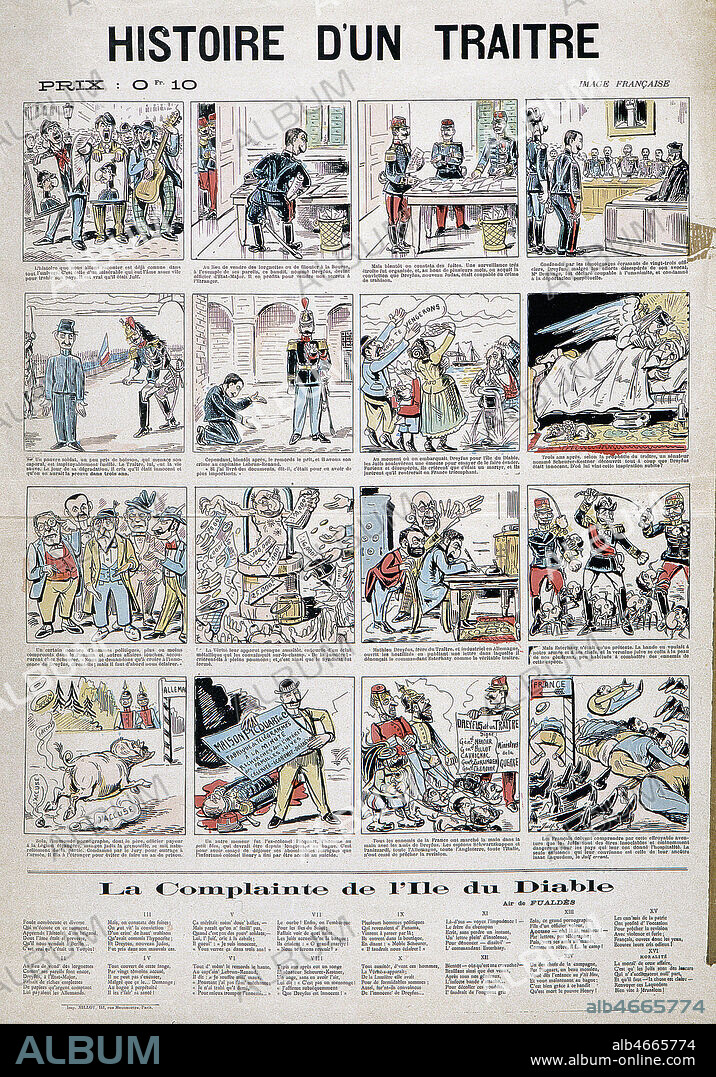 'Histoire d'un traitre' ( Planche d'imagerie au pochoir en bande a propos de l'affaire Dreyfus et de Zola) in Histoire d'un traitre - Image française, 1898. Credit: Collection Kharbine-Tapabor.