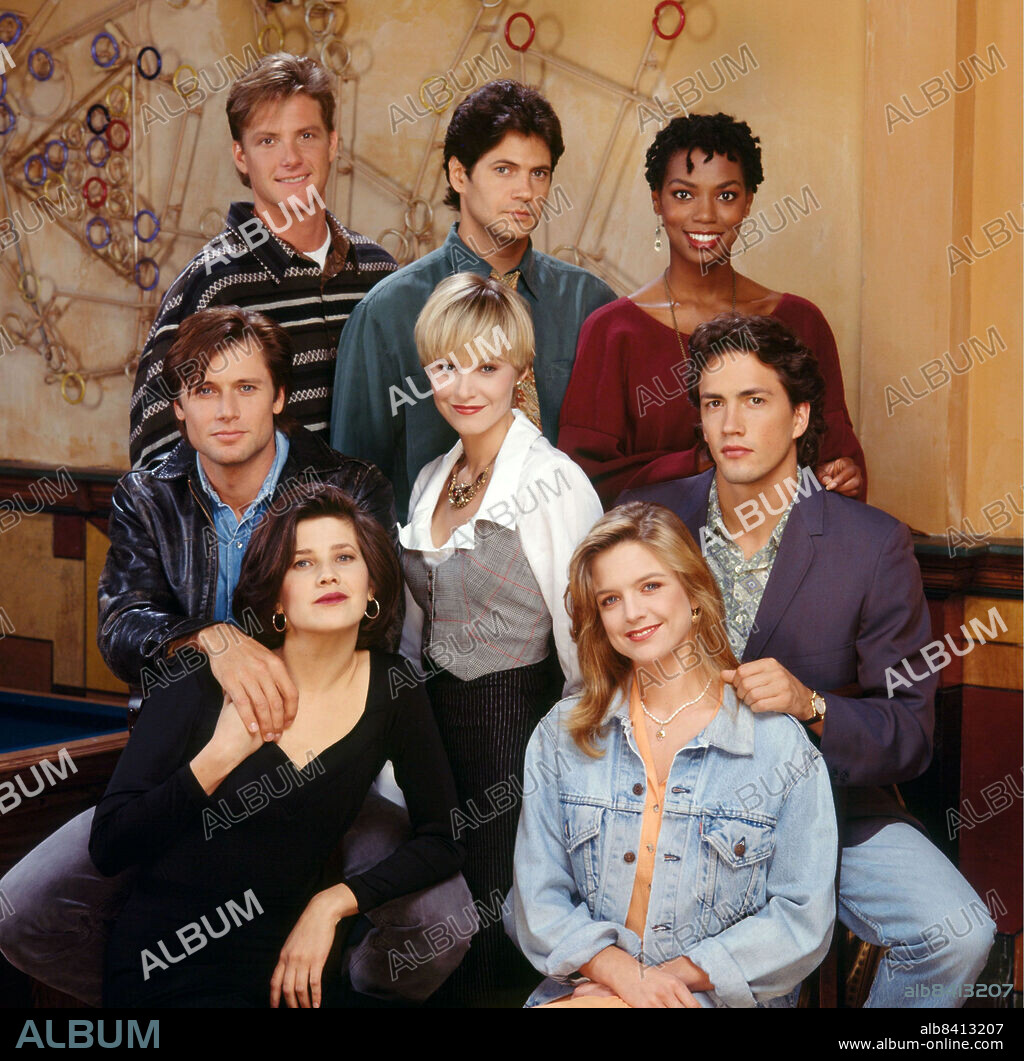 ANDREW SHUE, COURTNEY THORNE-SMITH, DAPHNE ZUNIGA, DOUG SAVANT, GRANT SHOW, JOSIE BISSETT, THOMAS CALABRO and VANESSA WILLIAMS in MELROSE PLACE, 1992, directed by ANSON WILLIAMS, CHARLES CORRELL and RICHARD LANG. Copyright FOX TELEVISION NETWORK/SPELLING TELEVISION.