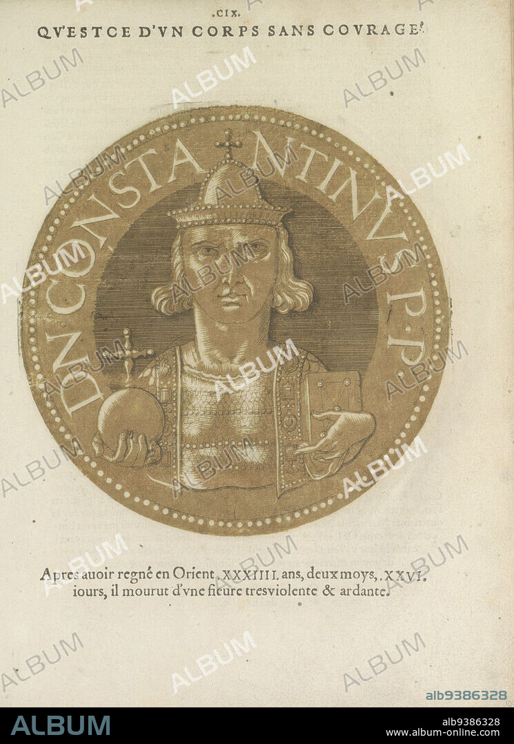 Portrait of Emperor Constantine VLes images presque de tous les empereurs (series title), Portraits of Emperor Constantine V, on a coin with edge lettering. The print is part of a book on the emperors from Julius Caesar to Charles V and his brother Ferdinand., Joos Gietleughen, print maker: Hubert Goltzius, Antwerp, 1557 and/or 1559, paper, etching, letterpress printing, height 182 mm × width 182 mm.