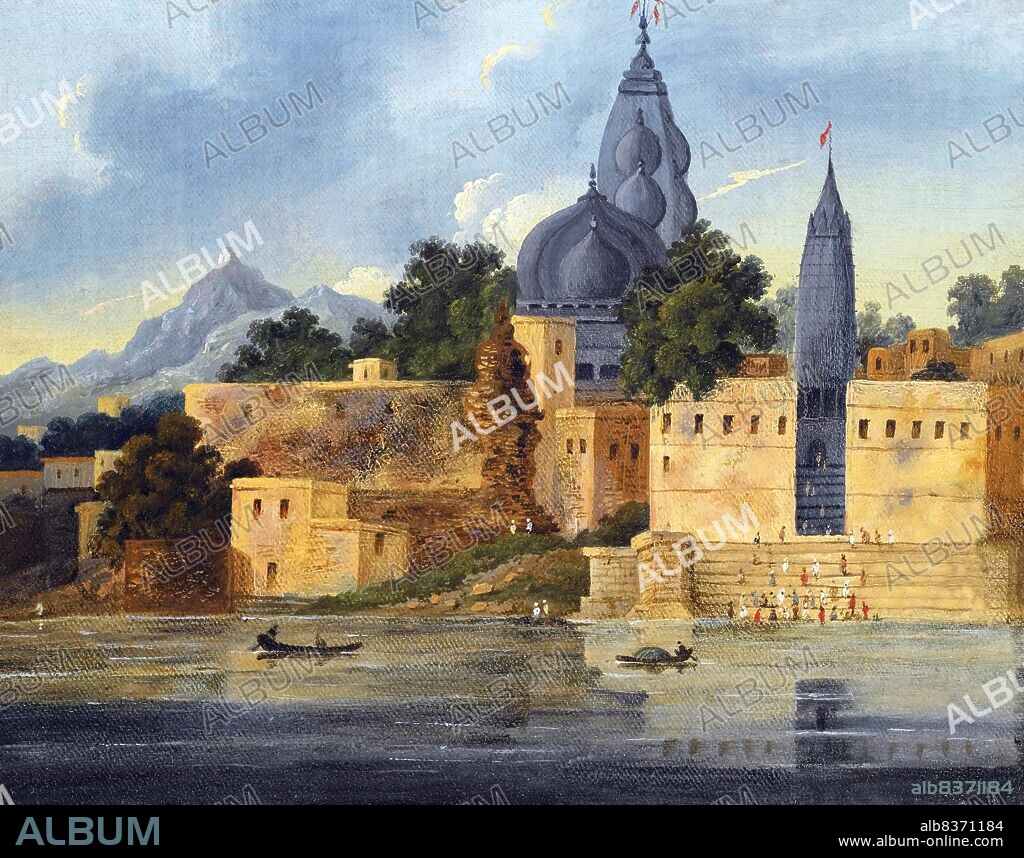Sir Charles D'Oyly was a talented amateur painter who entered the service of the East India Company in 1798 and held several government posts. Whilst in Dacca he met George Chinnery and went on painting expeditions with the celebrated artist with whom he became a close friend. One of his most productive periods was in Patna from 1821 until 1831, during which he held the posts of Opium Agent and the Commercial Resident, producing numerous paintings and sketches.<br/><br/>. Gaya, in the province of Bihar, is one of the most sacred places for Hindus, where pilgrims come from all over India to offer pindas for the peace of departed souls. The centre for such pilgrimage is the Vishnupad temple, in which the inner sanctum is said to contain Vishnu's footprints.