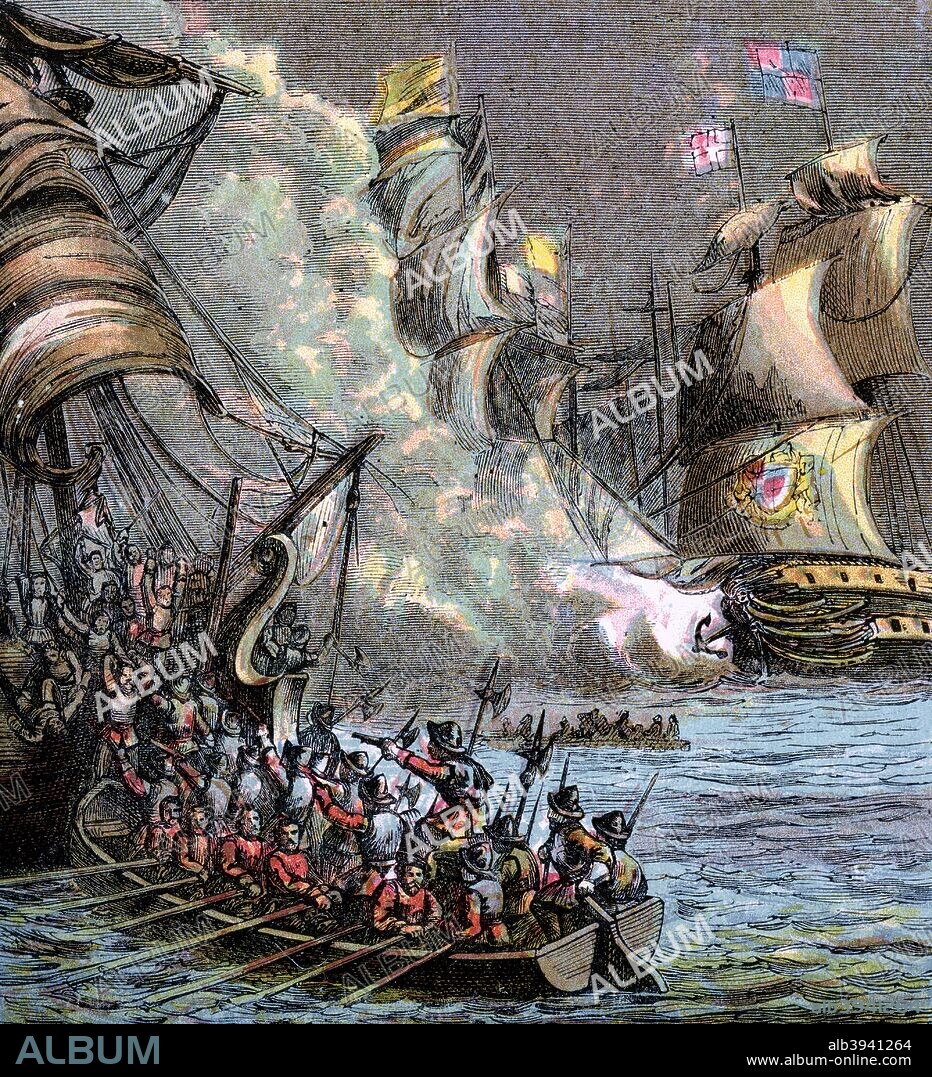 'The Spanish Armada', 1588, (c1850). The Spanish-controlled fleet which sailed against England in 1588. Colour plate from Pictures of English History, published by George Routledge & Sons, (London, New York, c1850).