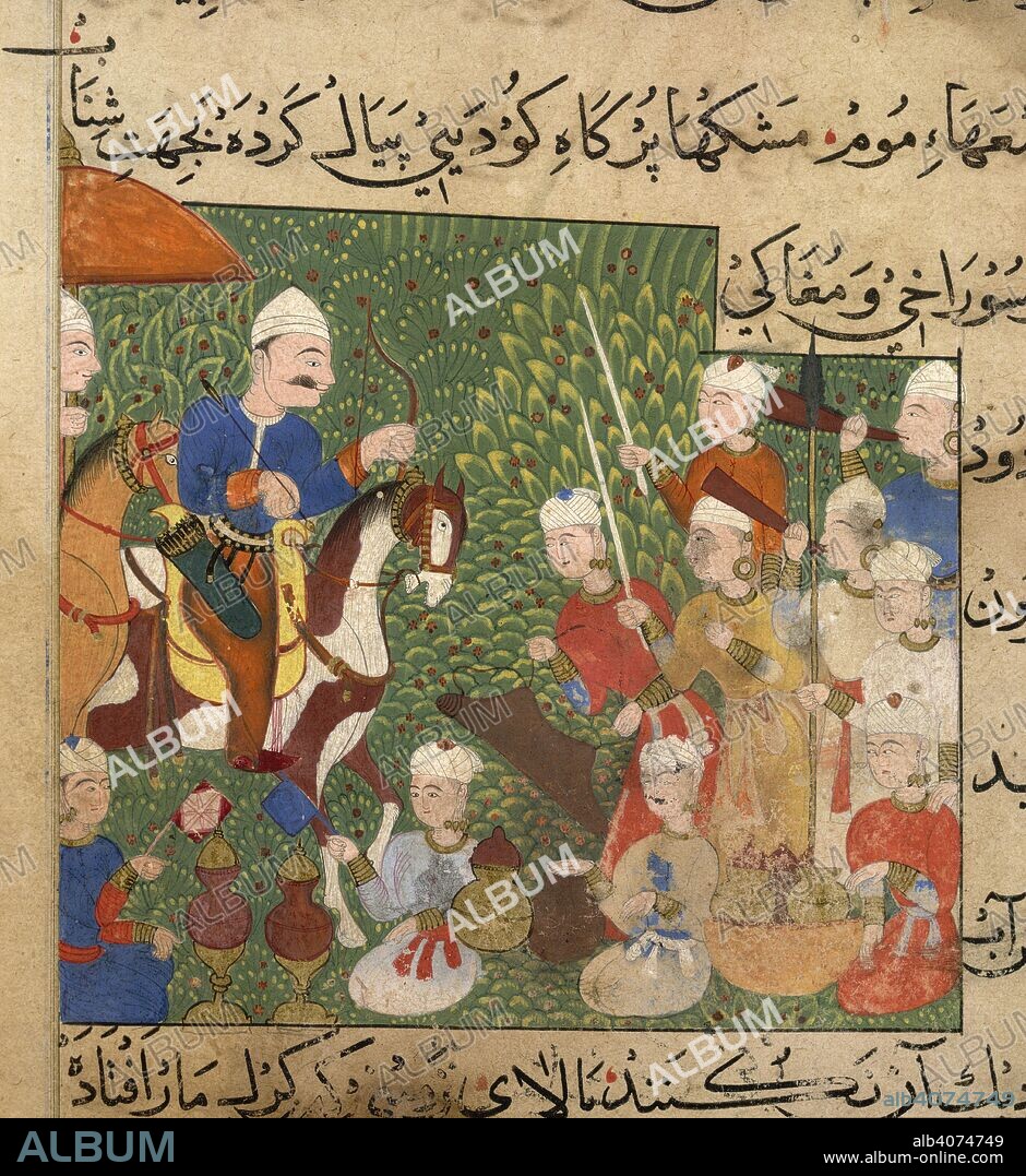 Hunting. The Ni'matnama-i Nasir al-Din Shah. A manuscript o. 1495 - 1505. Sultan Ghiyath al-Din going out hunting with the necessities. Ghiyath Shahi, riding a skewbald horse, possibly arriving at his camp. Landscape of heavy vegetation. Servants with flasks and dishes are in the foreground, fanning water cooling jars. Continuation of hunting instructions. Opaque watercolour. Sultanate style.  Image taken from The Ni'matnama-i Nasir al-Din Shah. A manuscript on Indian cookery and the preparation of sweetmeats, spices etc.  Originally published/produced in 1495 - 1505. . Source: I.O. ISLAMIC 149, f.159v. Language: Persian.