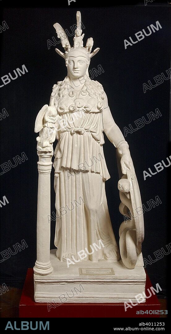 Varvakeion Athena, from Athens, 2nd century. Stauette of Athena Parthenos dressed in sleeveless peplos girt at the waist with two snakes. She wears aegis, sandals, and helmet withthree crests shaped as a sphinx and two pegasoi. She holds a shield at her left side, behind which curls a snake. Dimensions: height: 94 cm.