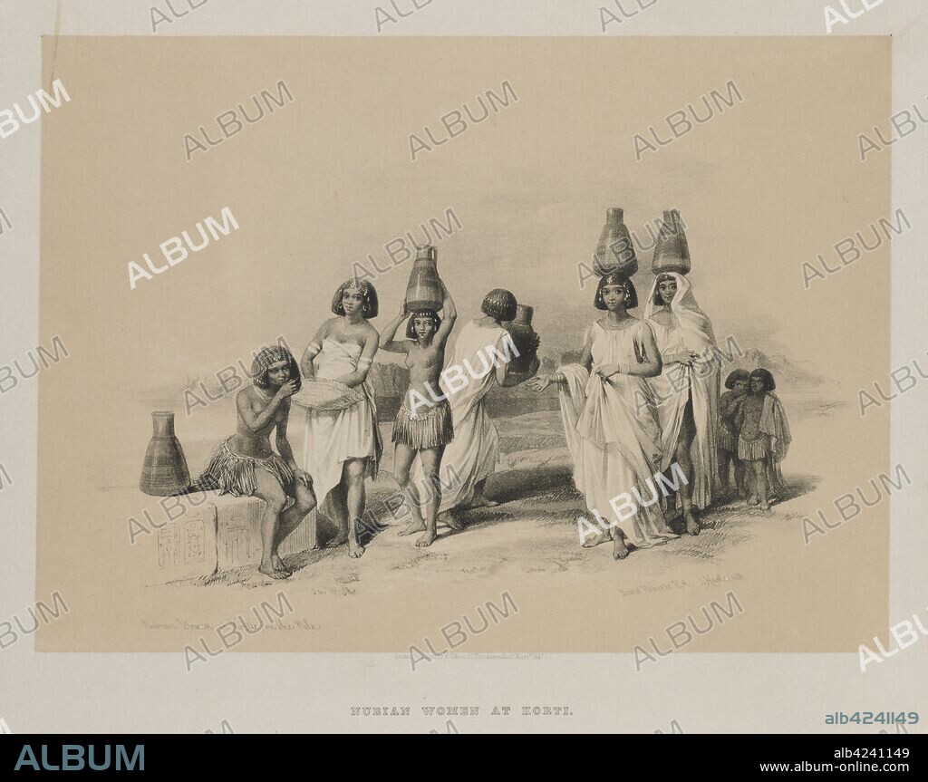 Egypt and Nubia, Volume I: Nubian Women at Kortie, on the Nile, 1847. Louis Haghe (British, 1806-1885), F.G.Moon, 20 Threadneedle Street, London, after David Roberts (British, 1796-1864). Color lithograph; sheet: 37.5 x 43 cm (14 3/4 x 16 15/16 in.); image: 25.5 x 35.3 cm (10 1/16 x 13 7/8 in.).