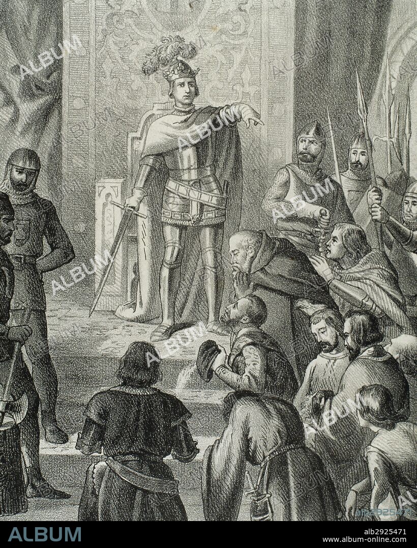 ENRIQUE III "el Doliente" (Burgos, 1379-Toledo, 1406). Rey de Castilla (1390-1406). Hijo de Juan I y de Leonor de Aragón. Impuso su autoridad mediante campañas militares e inició la expansión marítima castellana. "EL REY ENRIQUE III IMPARTE JUSTICIA". Grabado de "Historia de España Ilustrada", del siglo XIX.
