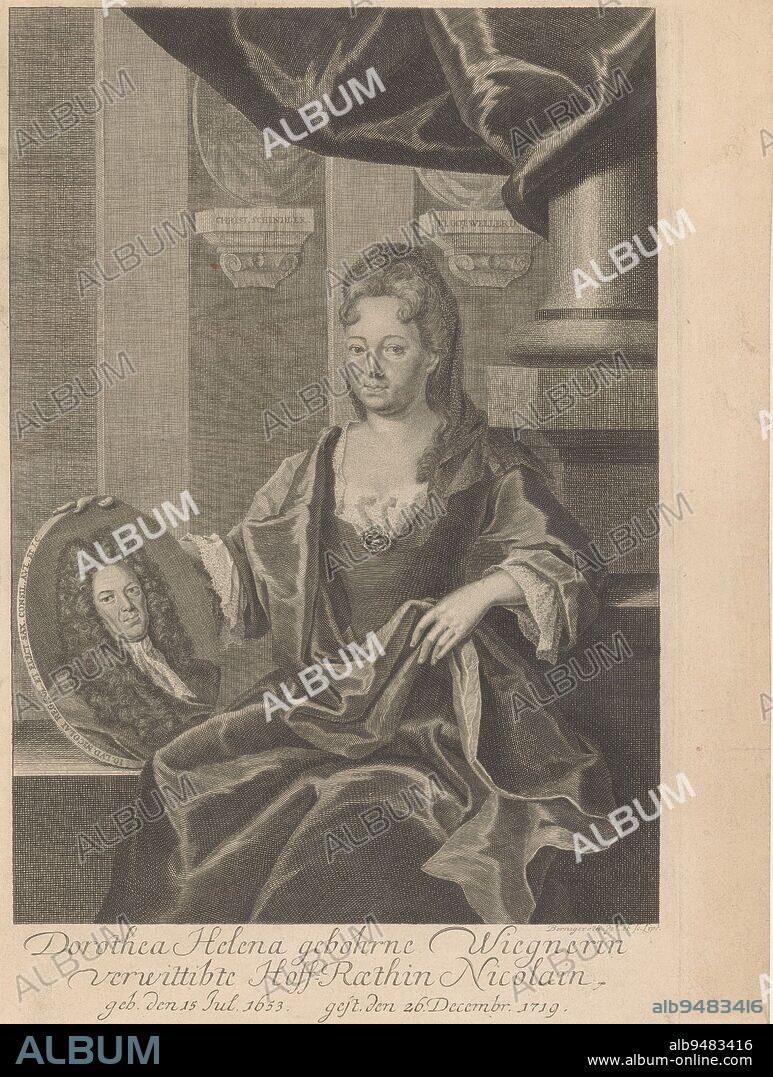 Portrait of Dorothea Helena Nicolai, Johann Martin Bernigeroth, 1719 - 1733, Her right hand rests on a portrait of her husband, Johann Ludwig Nicolai, who died in 1719., print maker: Johann Martin Bernigeroth, (mentioned on object), intermediary draughtsman: Johann Martin Bernigeroth, (mentioned on object), Leipzig, 1719 - 1733, paper, engraving, h 332 mm × w 214 mm.