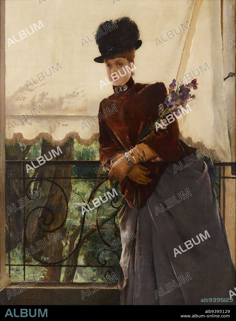 Portrait of Mademoiselle Dubois, 1884, Alfred Stevens, Belgian, 1823 - 1906, 27 1/2 x 21 7/16 in. (69.85 x 54.45 cm) (sight)33 1/2 x 27 7/16 in. (85.09 x 69.69 cm) (outer frame), Oil on canvas, Belgium, 19th century, Alfred Stevens built his reputation based on paintings of sumptuously attired, anonymous beauties who were representative of a type-la belle Parisienne. The Portrait of Mademoiselle Dubois, in contrast, is a bold statement built upon direct observation of one of his students with whom he was well acquainted. Her appraising and direct gaze, as well as her relaxed posture and confident demeanor, is a daring concoction and testifies to the artist's appreciation of her intelligence and character. These qualities are thrown into high relief by the stark expanse of awning behind her. Stevens' use of such a bold foil is an innovative touch of modernity that parallels those of his close friend, Edouard Manet. The compressed space also betrays Stevens' interest in Japanese spatial construction-a reminder that he was one of the first artists in Paris (along with Manet) to collect Japanese prints and objects.