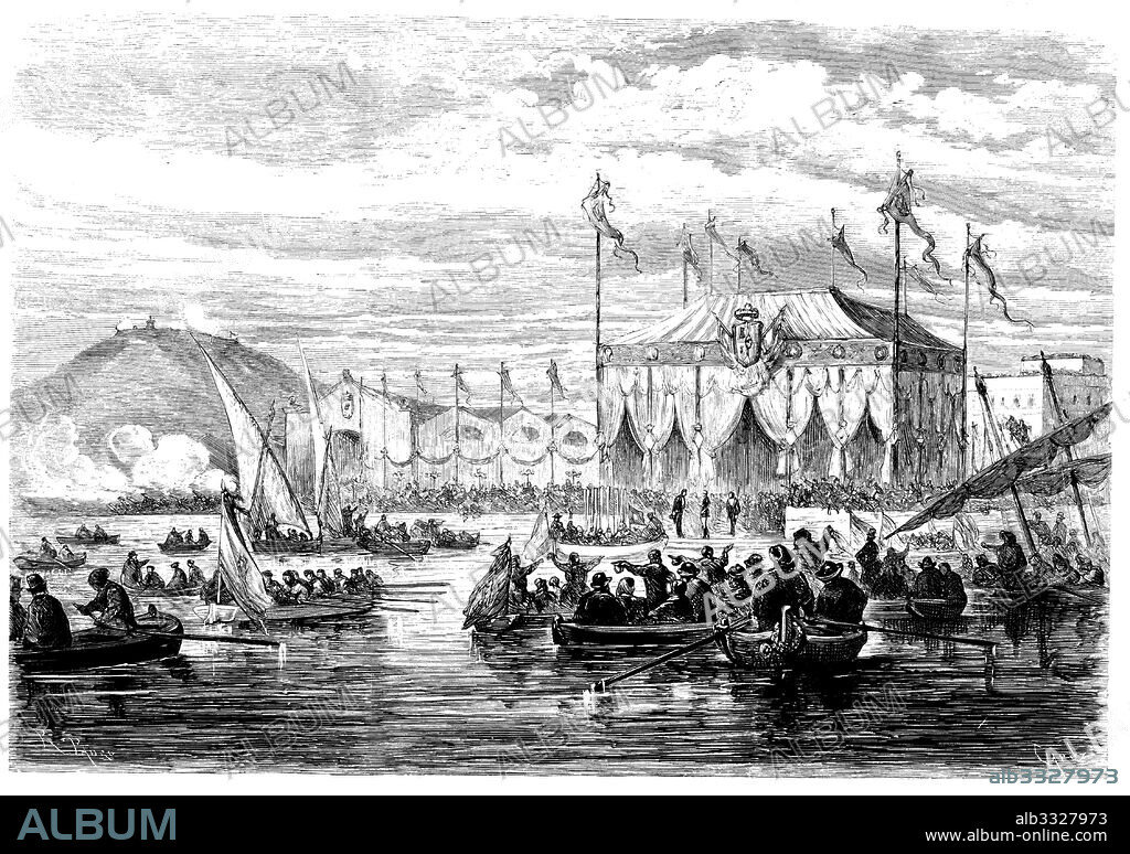 Historia de España. Catalunya. Desembarco del rey Alfonso XII (1857-1885) en el muelle de la Paz en su visita a Barcelona, aclamado por los ciudadanos desde las barcas que navegaban en aguas del puerto. Grabado de 1875.