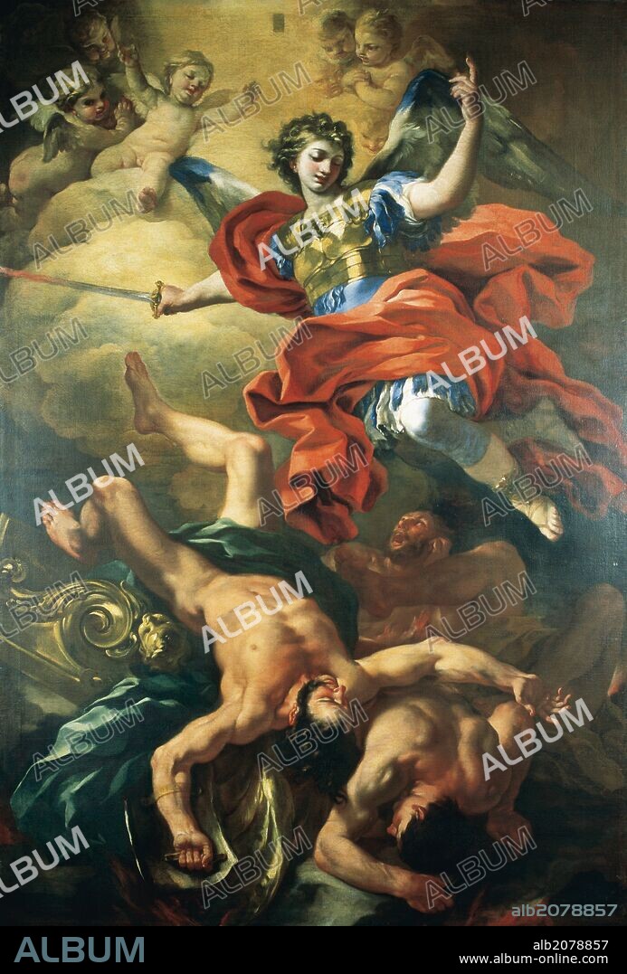 MIGUEL, San Arcángel. Uno de los espíritus bienaventurados, de orden media, entre los ángeles y los principados. Está representado con coraza, casco, lanza y junto al dragón encadenado. "SAN MIGUEL ARCANGEL". Año, 1682. Lienzo del pintor italiano Francesco Solimena (1657-1747). Iglesia de San Jorge. Salermo. Italia.