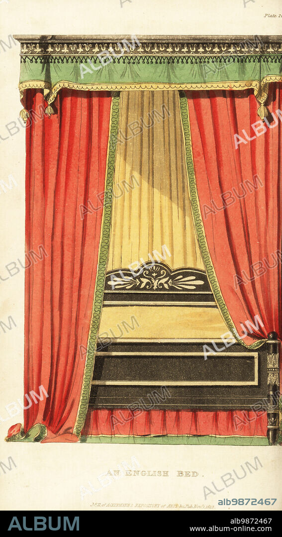 An English four-poster bed with drapes designed by George Bullock, 1777-1818, marble sculptor, cabinet maker and furniture designer of Tenterden Street, Hanover Square, London. Handcoloured copperplate engraving from Rudolph Ackermanns Repository of Arts, Literature, Fashions, Manufactures, etc., Strand, London, 1816.