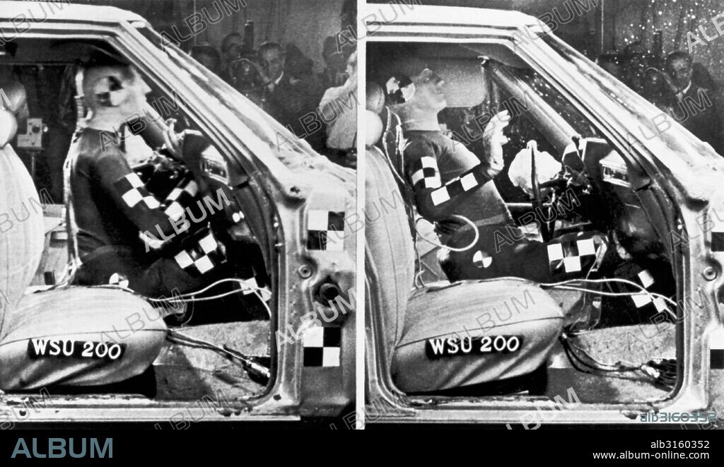 Detroit, Michigan: May 23, 1972 A crash test dummy demonstrates what happens when an air bag fails to deploy. At left it slams into the windshield and steering column in a 30 mph crash, and then bounces back into the seat while pieces of windshield fly through the air. The unopened air bag hangs from the steering wheel.