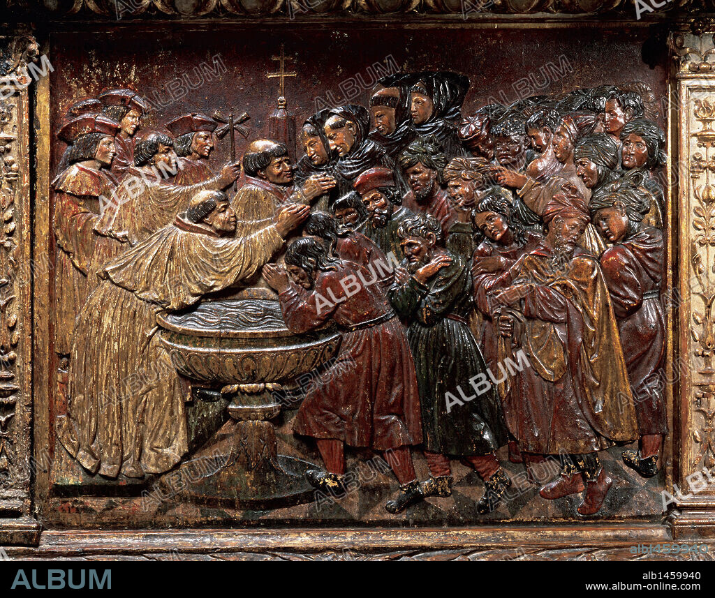 Felipe Bigarny (1475-1543). Spanish architect and sculptor of Burgundian origin. Relief depicting the baptism of the Moorish of the Kingdom of Granada. Polychromed wood. Main altarpiece, 1520-1522. Royal Chapel. Cathedral of Granada. Spain.