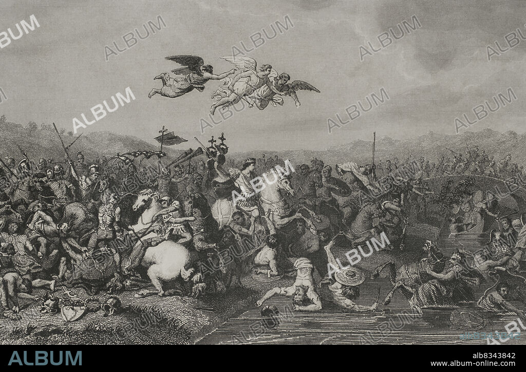 Battle of Constantine against Maxentius (Battle of Milvian Bridge). It took place in 312 between Constantine I the Great (272-337) and Maxentius (276-312), with victory for Constantine's army. Engraving. "Historia Universal", by César Cantú. Volume II, 1854.