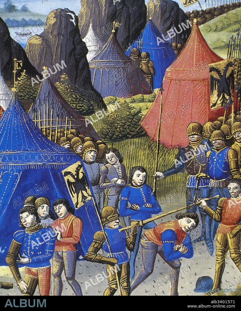 Historia antigua. Guerras samnitas (343-290 aC). Enfrentamiento entre el pueblo Samnita y los romanos en época Republicana, por el control Italia central. "Sumisión de los Samnitas a los romanos, a través de la fuerza caudina, en un campo de legionarios". Miniatura de un códice del siglo XV. Museo Condé. Castillo de Chantilly. Francia.