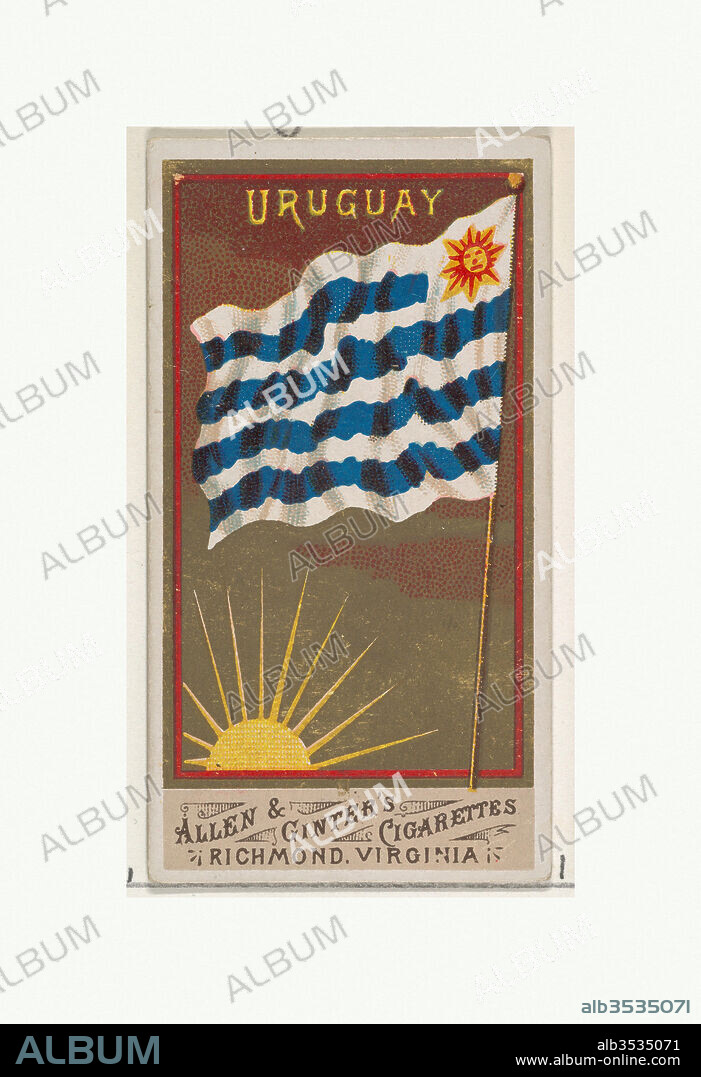 Uruguay, from Flags of All Nations, Series 1 (N9) for Allen & Ginter Cigarettes Brands, 1887, Commercial color lithograph, Sheet: 2 3/4 x 1 1/2 in. (7 x 3.8 cm), Trade cards from the set, 'Flags of All Nations,' Series 1 (N9), issued in 1887 in a series of 48 cards to promote Allen & Ginter Brand Cigarettes.