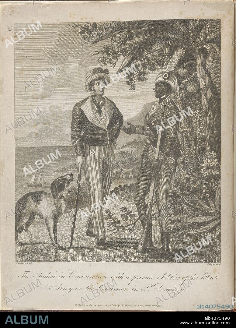 MARCUS RAINSFORD, CAPTAIN MARCUS RAINSFORD and J BARLOW. The author in conversation. An historical account of the Black Empire of Hayti. London, 1805. The author in conversation with a private soldier of the Black Army on his Excursion in St. Domingo.  Image taken from An historical account of the Black Empire of Hayti; comprehending a view of the principal transactions in the revolution of Saint Domingo, etc.  Originally published/produced in London, 1805. . Source: 797.dd.10, frontispiece. Language: English.
