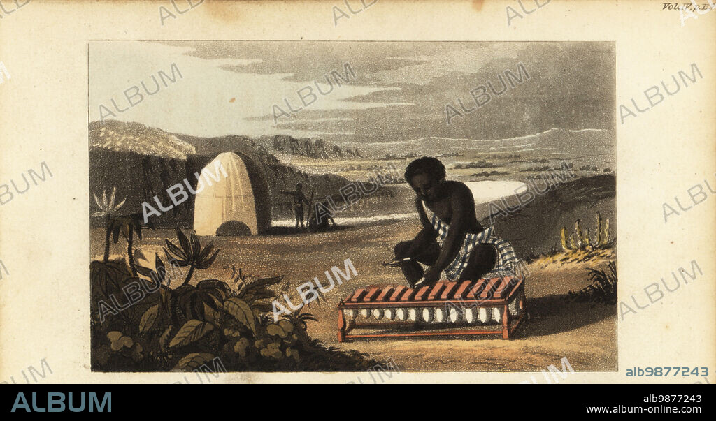 Mandinka man playing a balafon or gourd xylophone with sticks. In the background, men sit outside a hut or granary near a river. A negro playing on the balafo. After Rene Claude Geoffroy de Villeneuves LAfrique, Paris, 1814. Handcoloured copperplate engraving from Frederic Shoberls The World in Miniature: Africa, A description of the manners and customs Moors of the Sahara and of the Negro Nations, R. Ackermann, England, 1821.